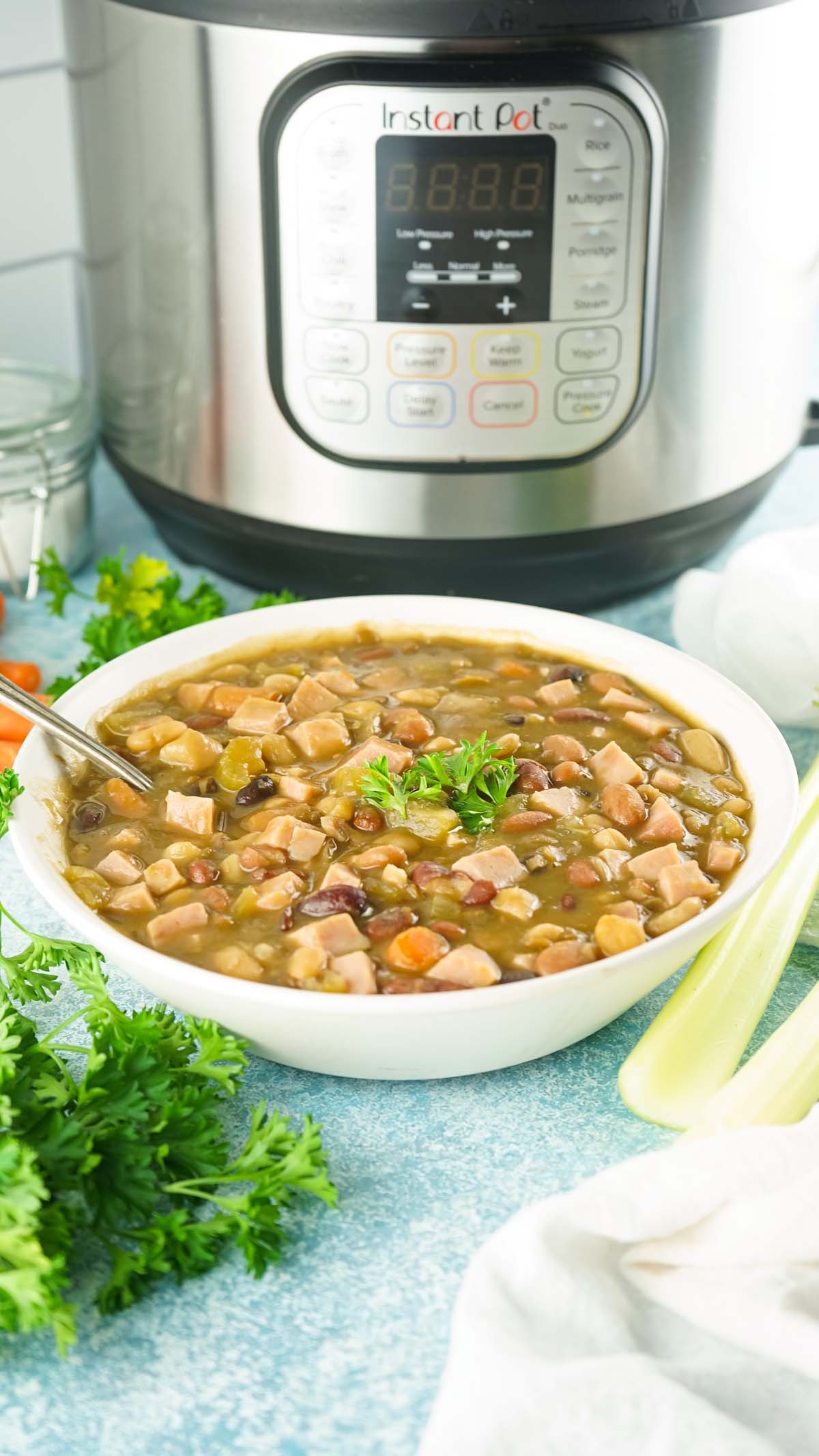 A bowl of soup in front of the Instant Pot.