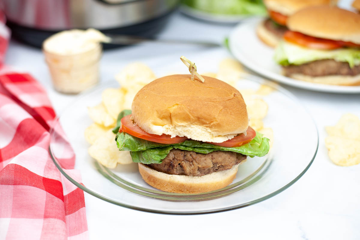 Burger on a plate with a side of chips.