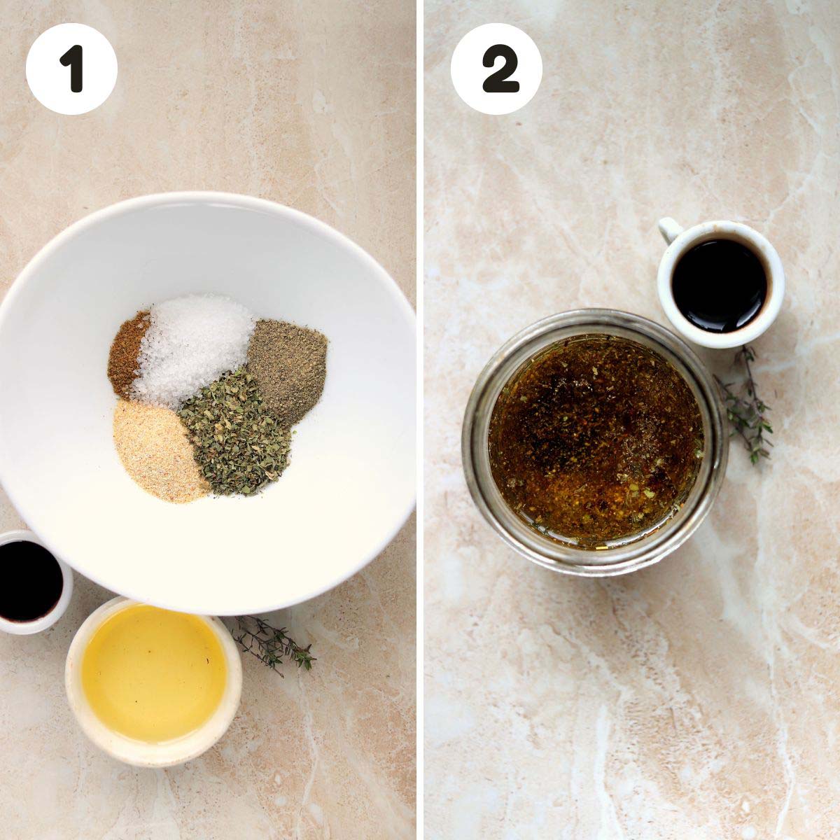 two image process making Italian herb dressing.