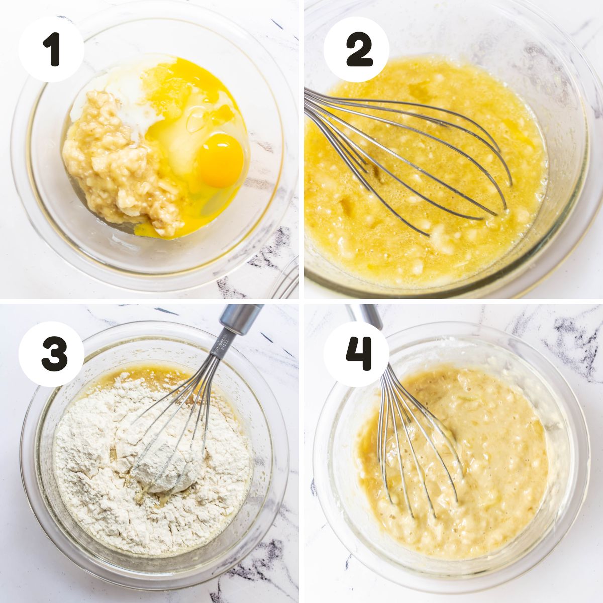 four image process making low calorie banana bread.
