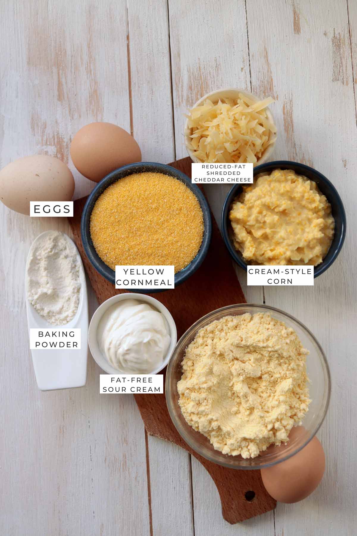Labeled ingredients for the cornbread.