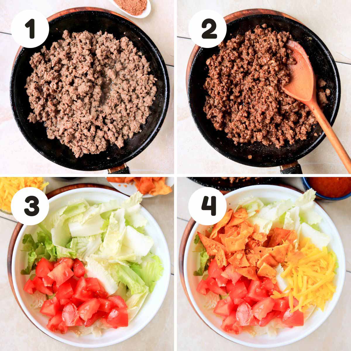 four image process making Doritos taco salad.