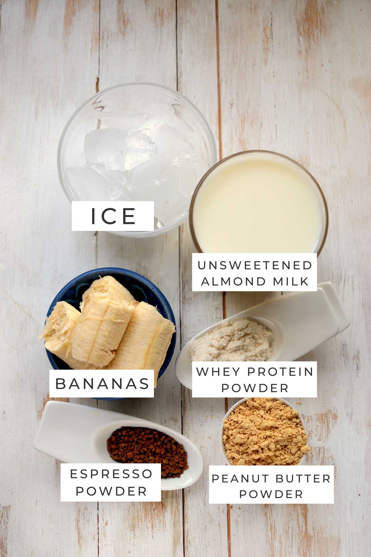 Labeled ingredients for the protein shake.