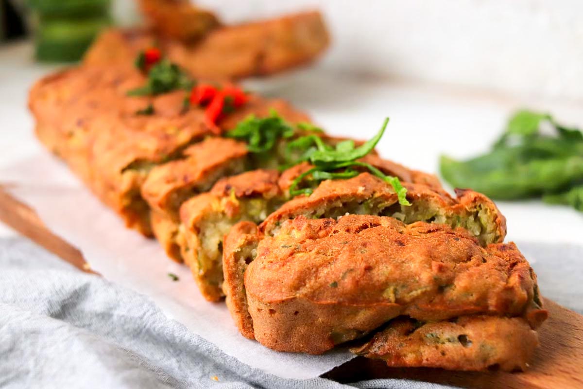 close up view of sliced zucchini bread.