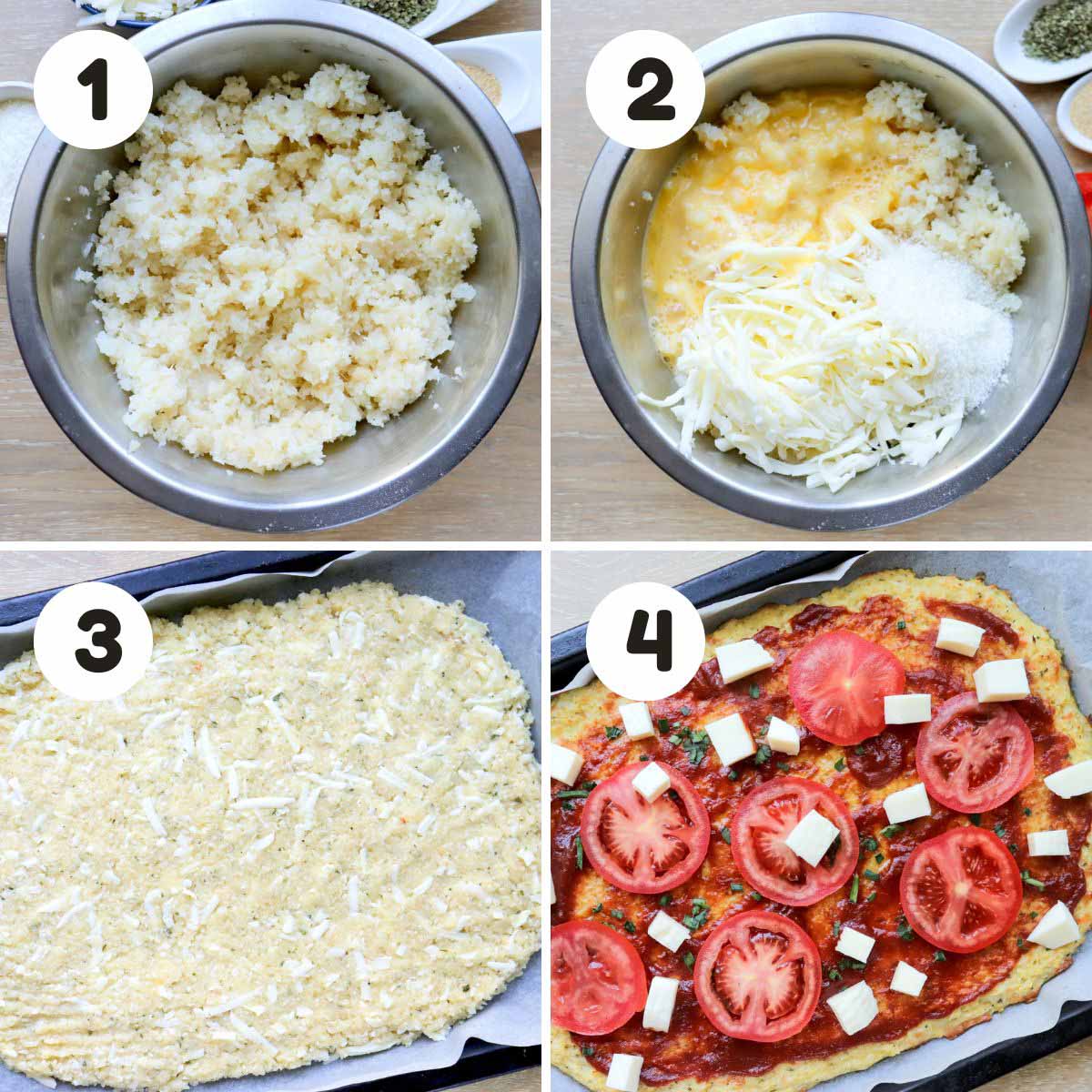 four image process making Margherita pizza.