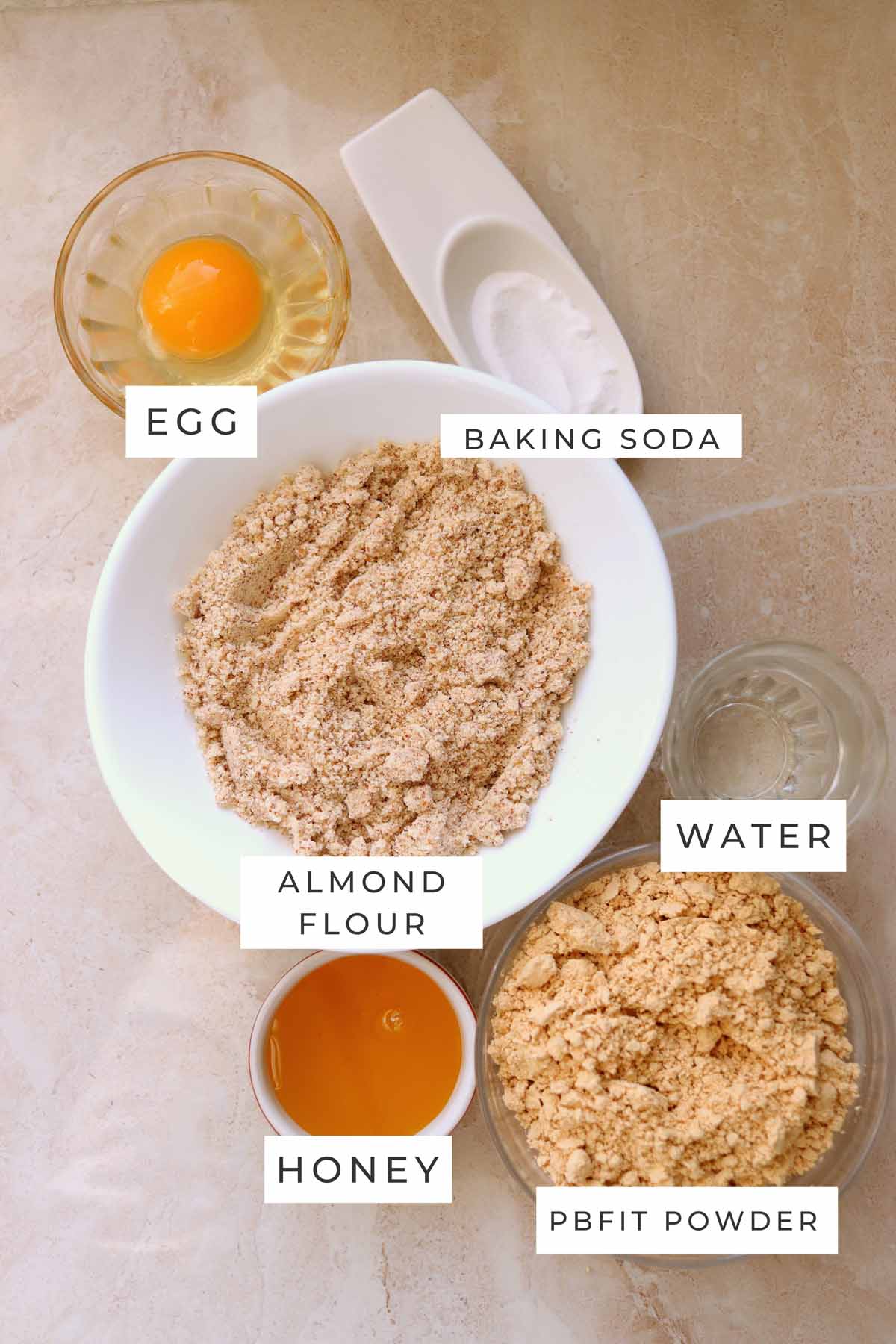 Labeled ingredients for the peanut butter cookies.