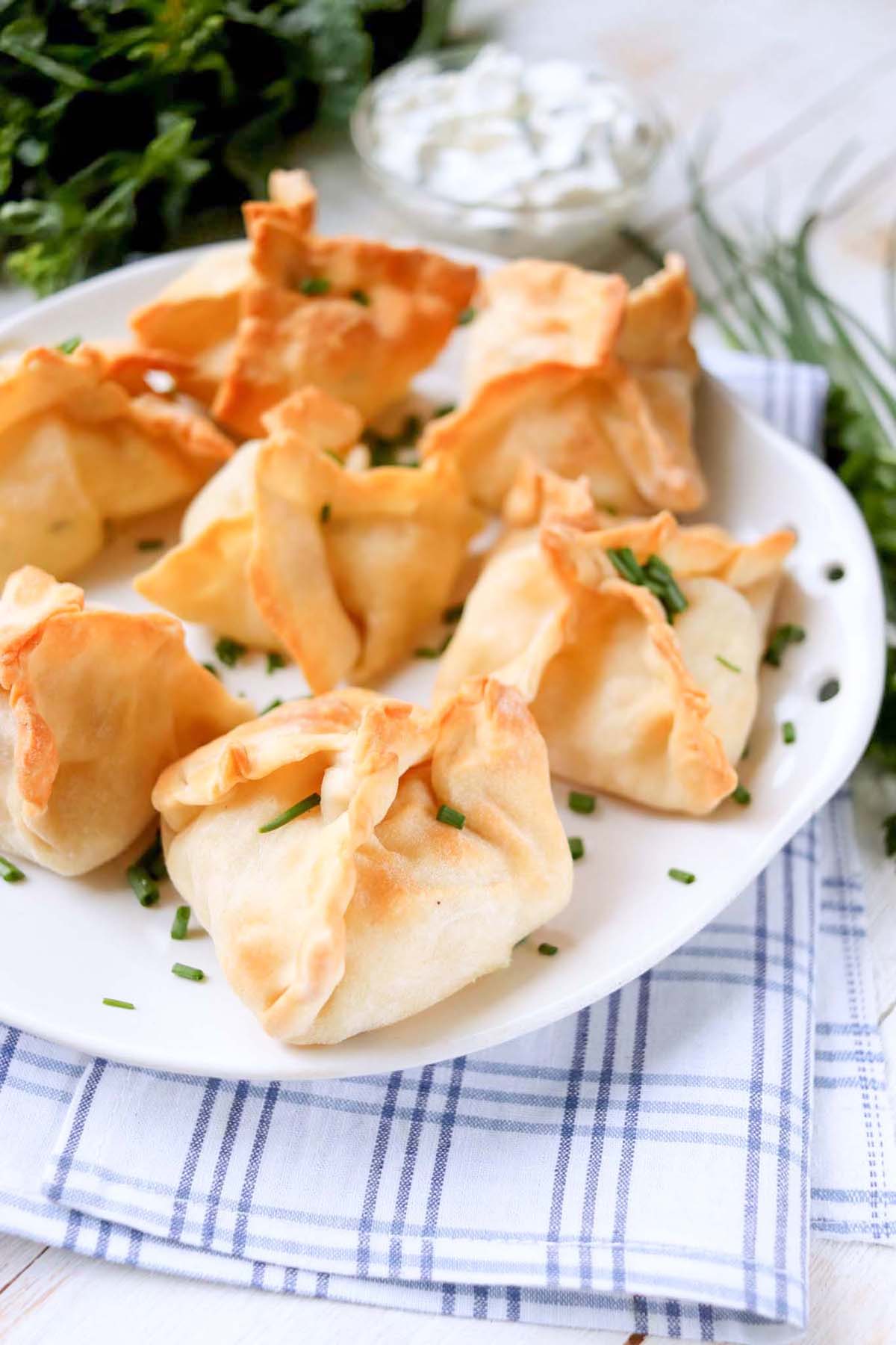 Wontons on a white plate.