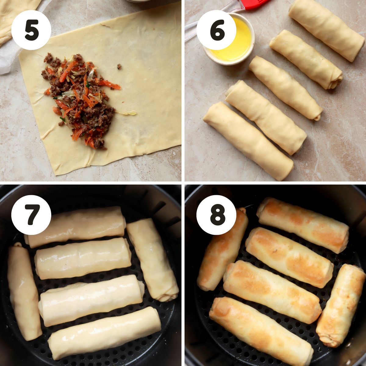 Steps to assemble and air fry the egg rolls.