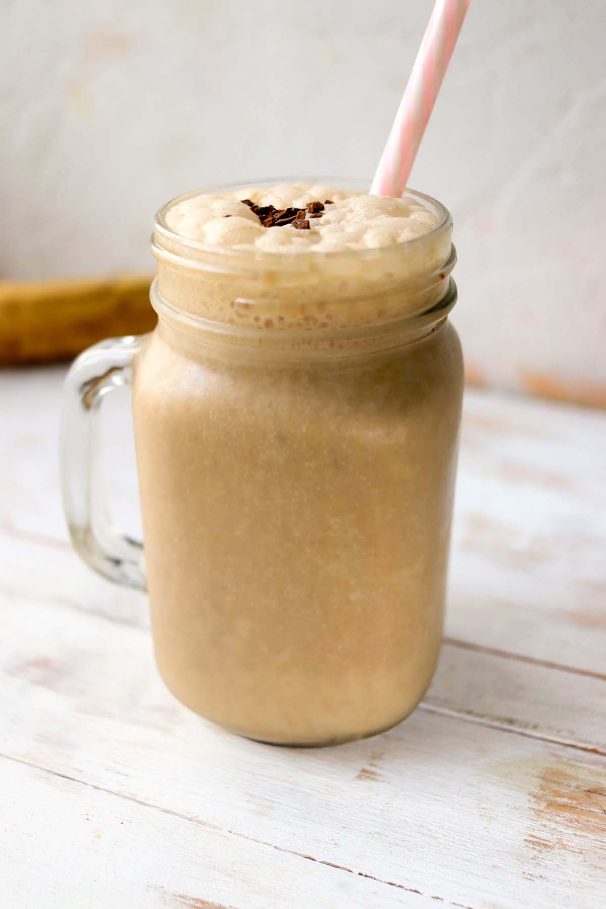 Protein shake in a mason jar.