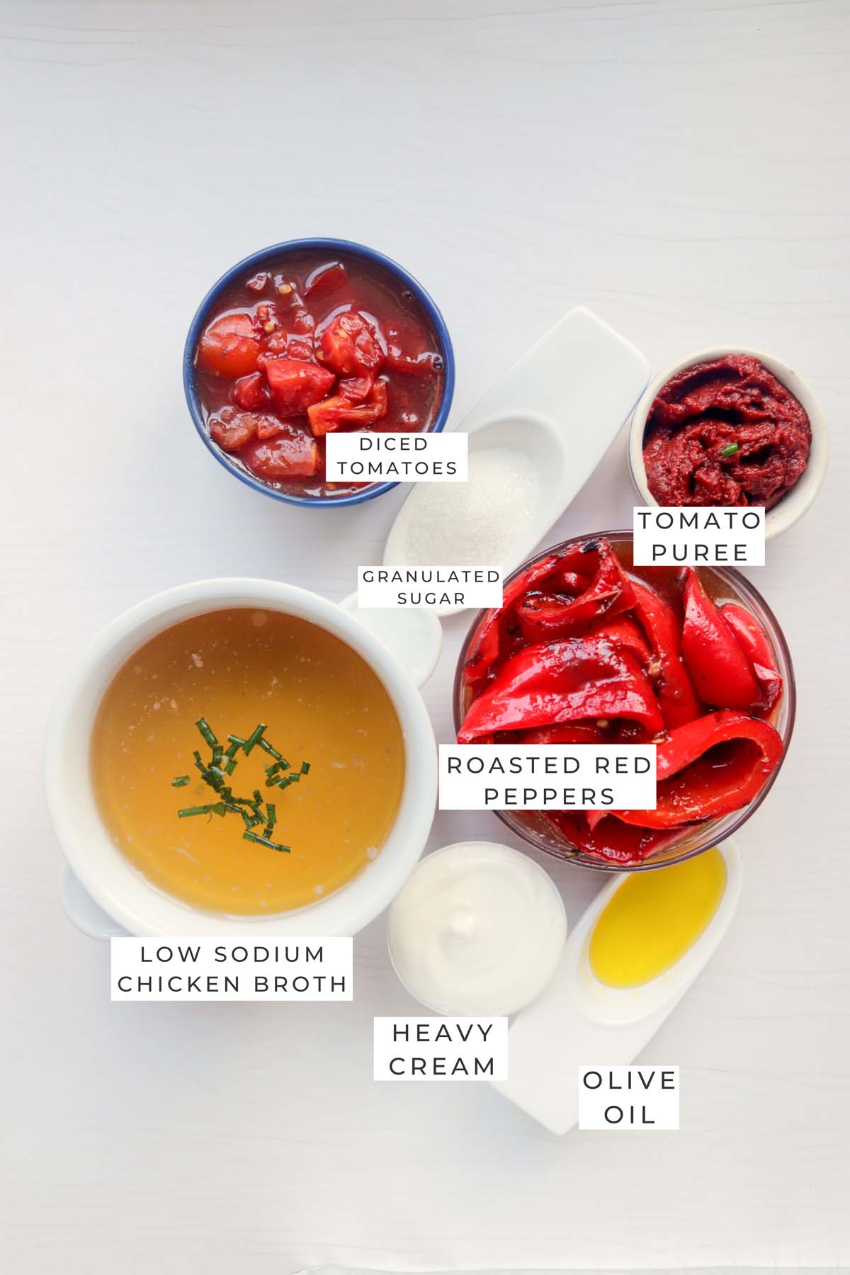 Labeled ingredients for the tomato soup.