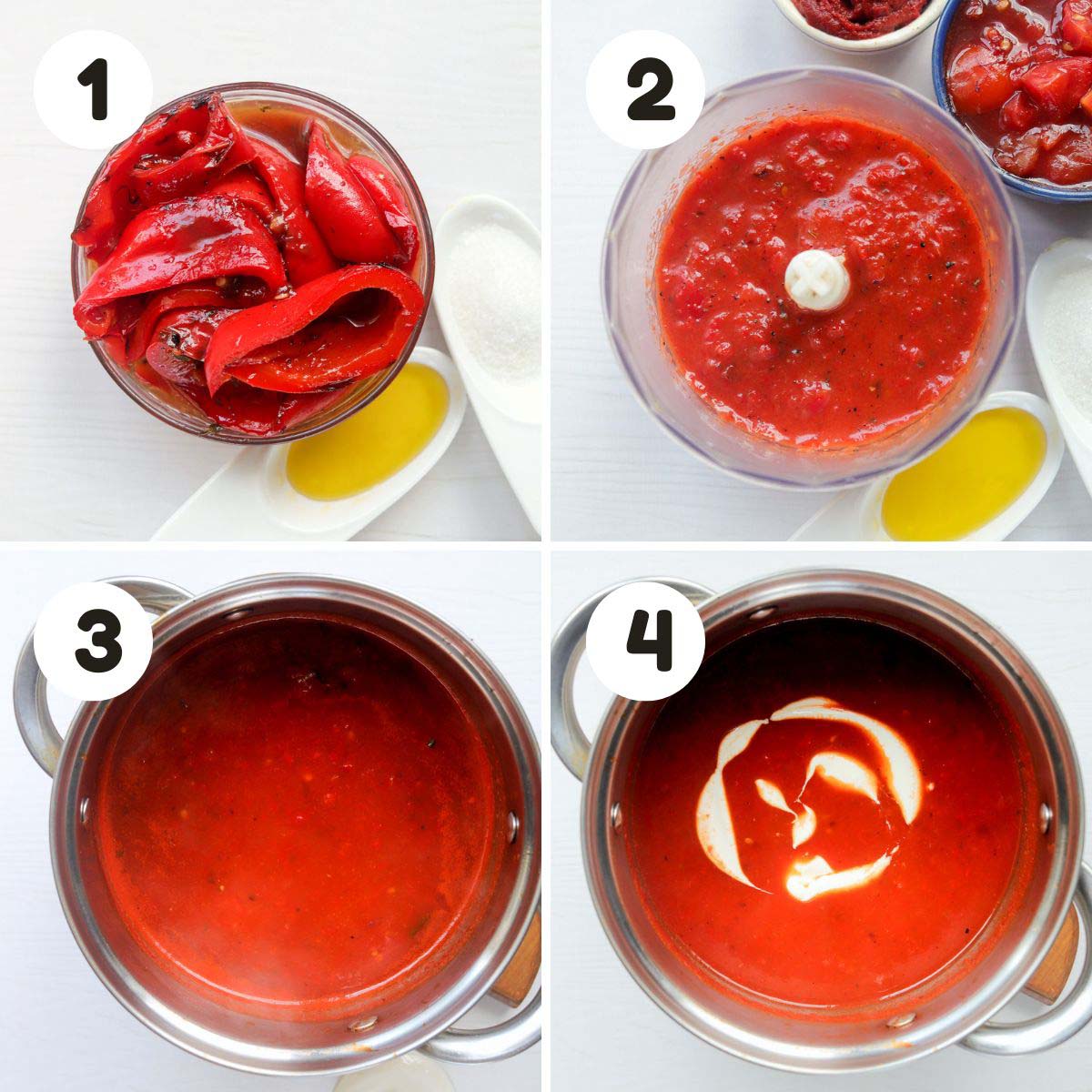 four image process making red pepper and tomato soup.