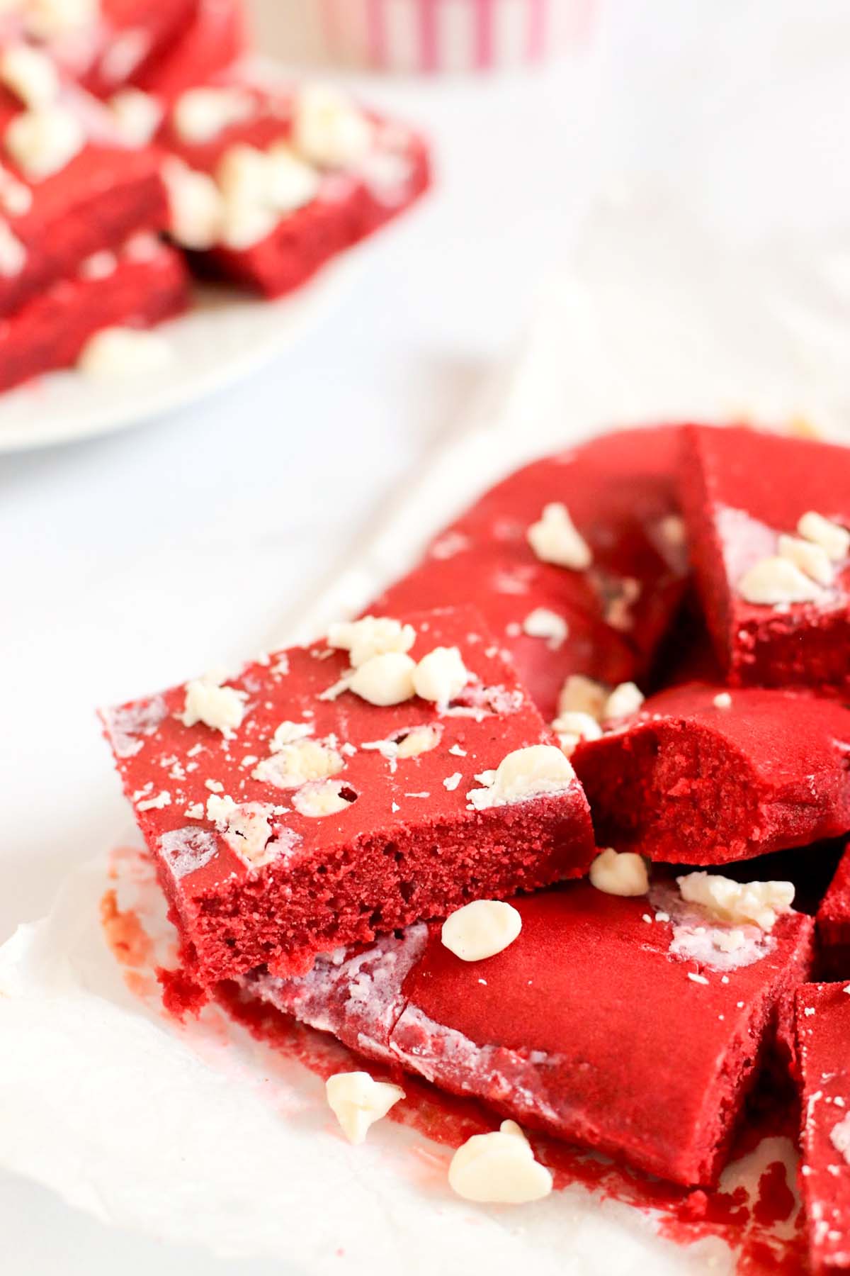 Red velvet bars on a plate.