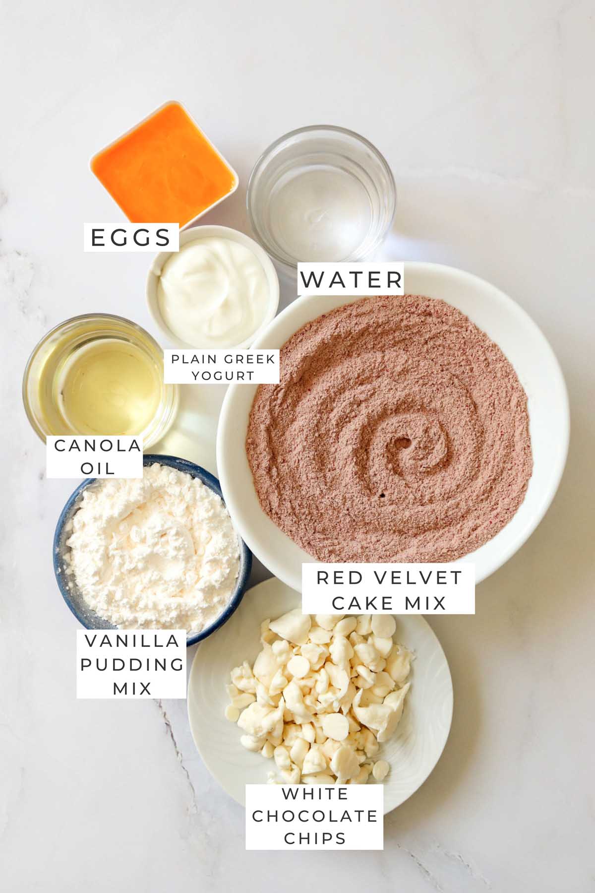 red velvet cookie bars labeled ingredients.