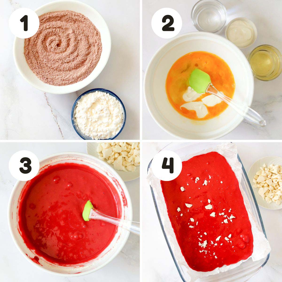 four image process making red velvet cookie bars.