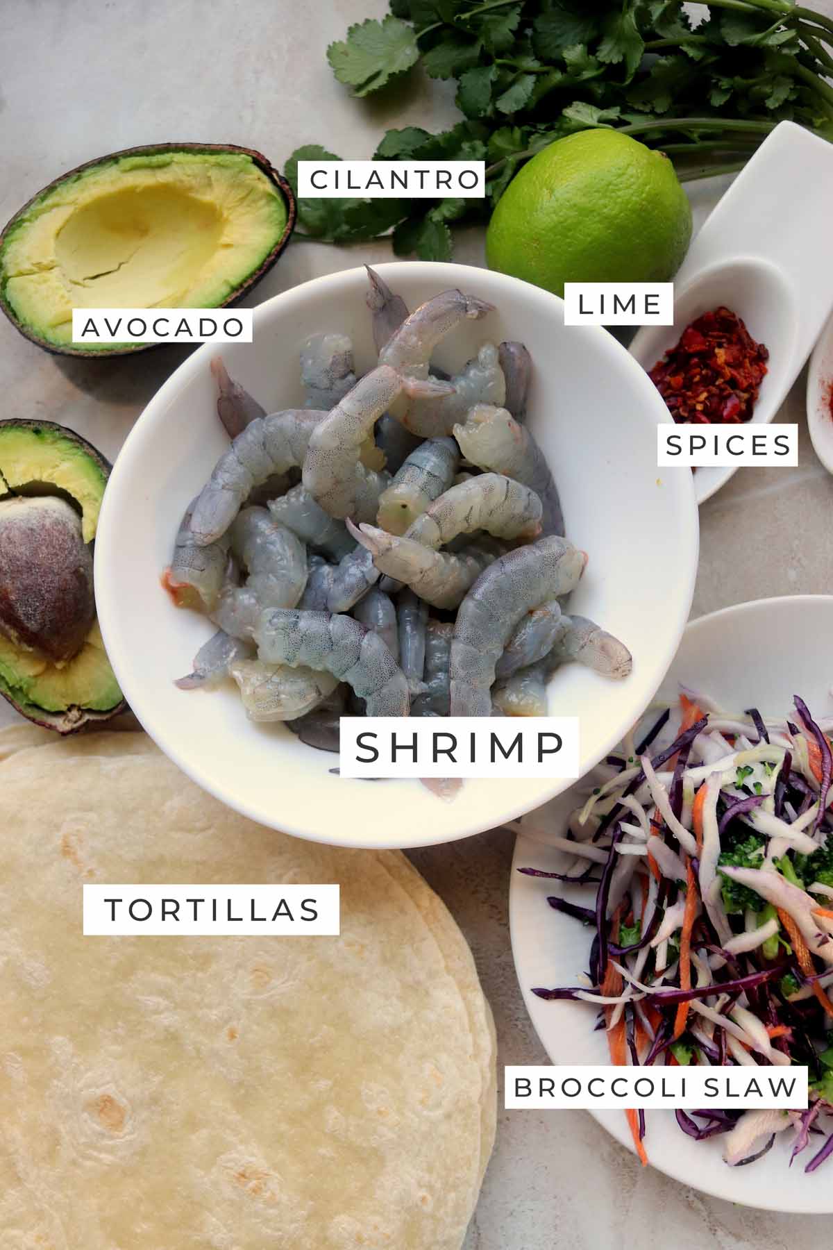 Labeled ingredients for the shrimp tacos.