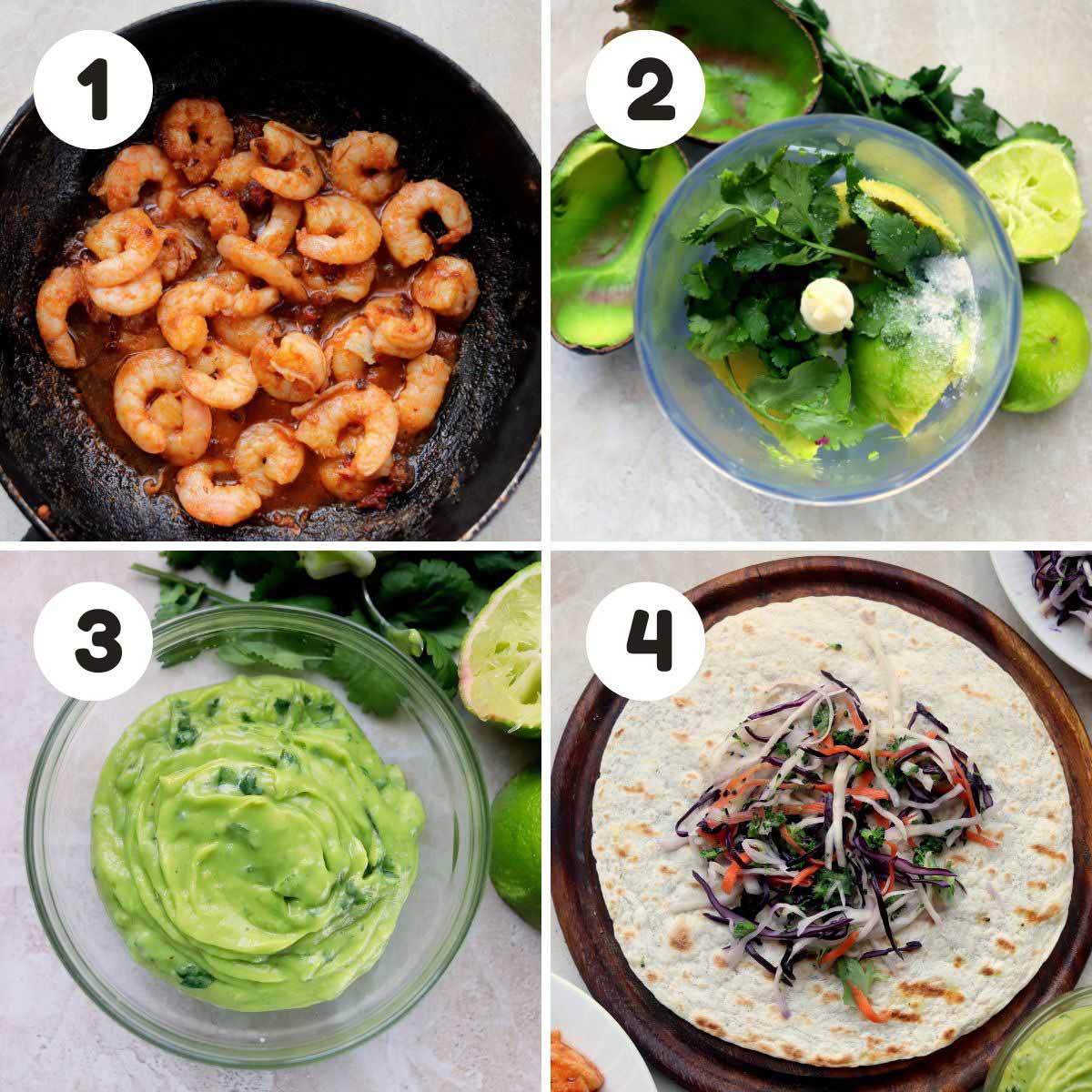 four image process making shrimp tacos.