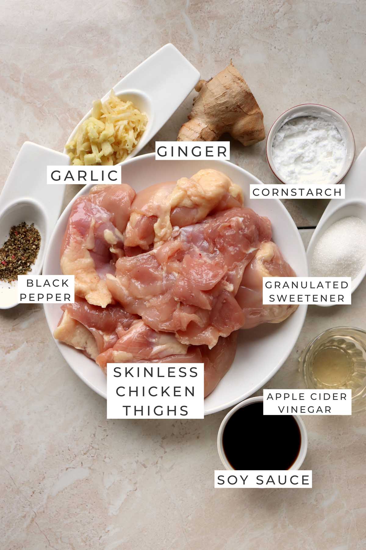 Labeled ingredients for the teriyaki chicken.