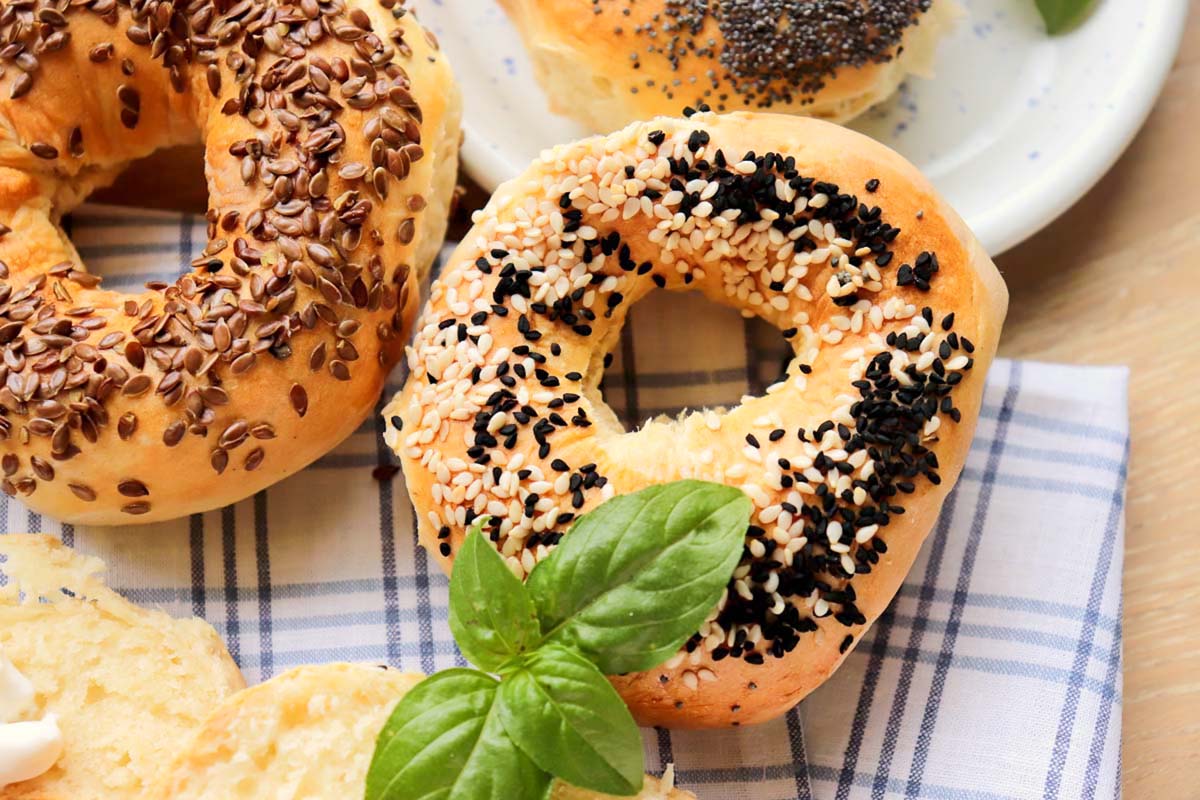 close up view of a bagel.