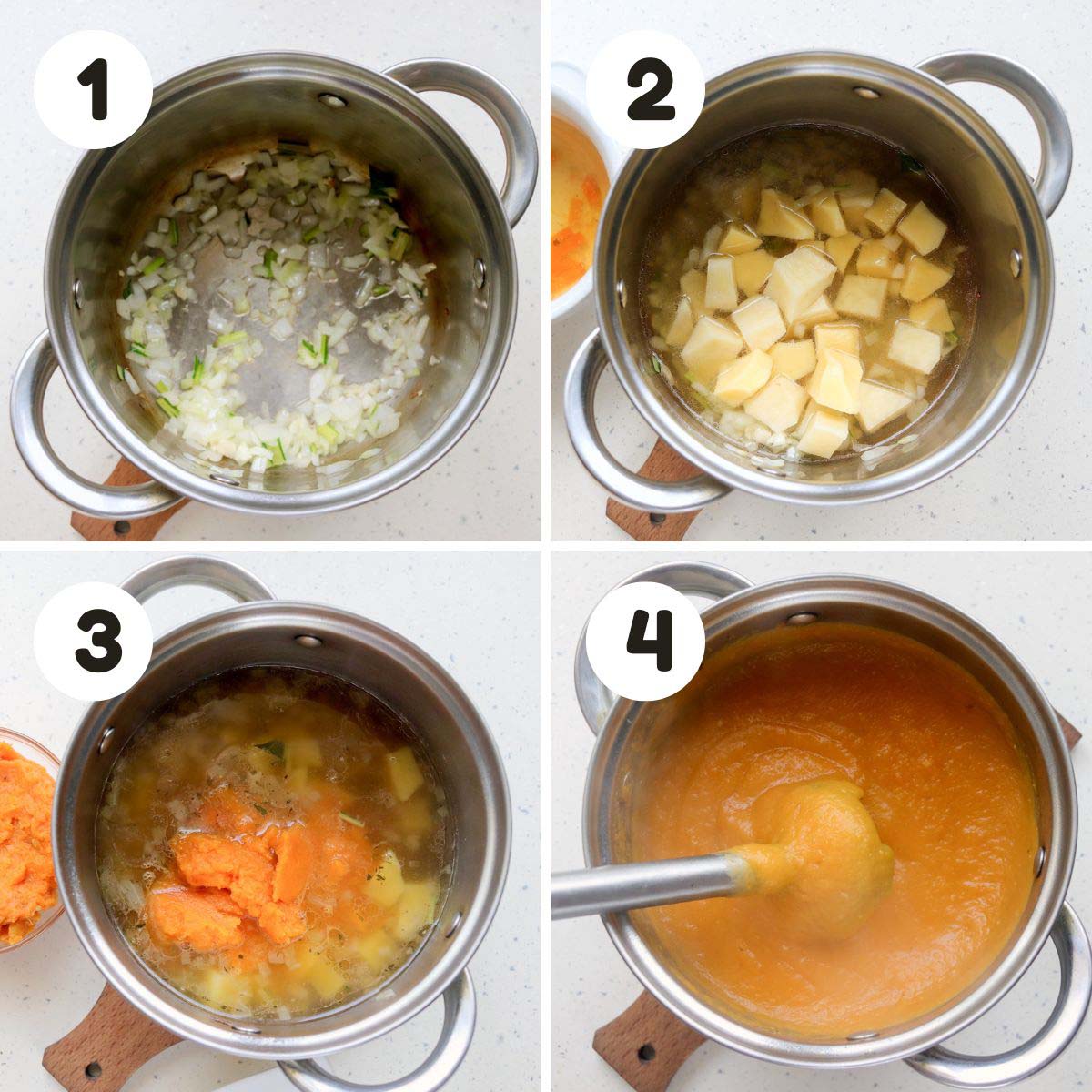 four image process making pumpkin soup.