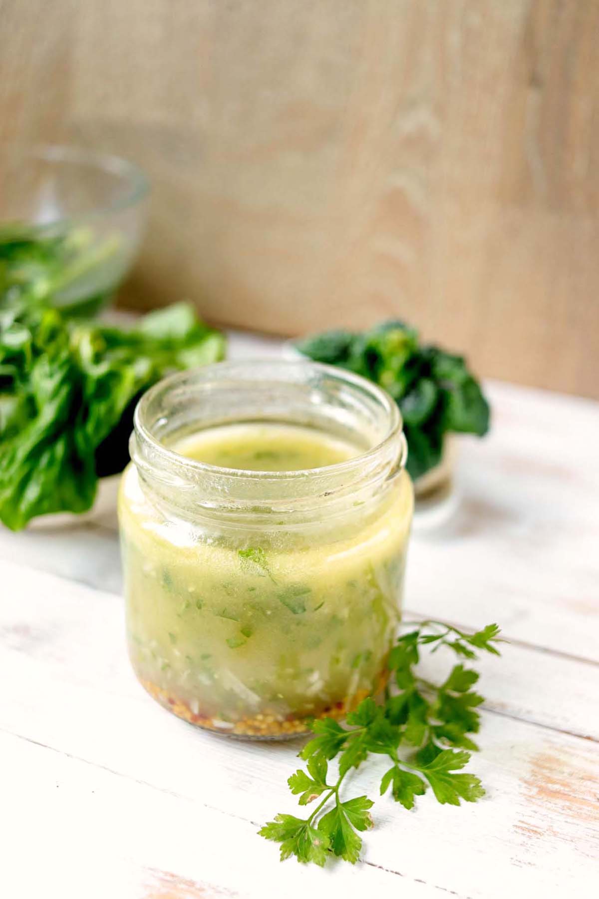 side view of dressing in a jar.