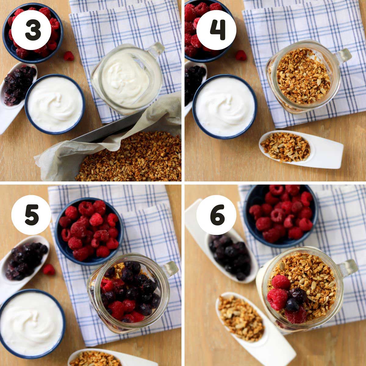 four image process making greek yogurt parfait.