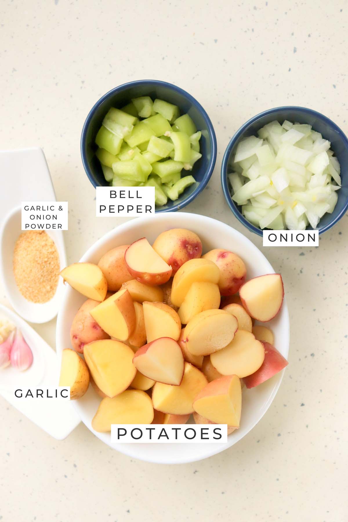 Labeled ingredients for the breakfast potatoes.