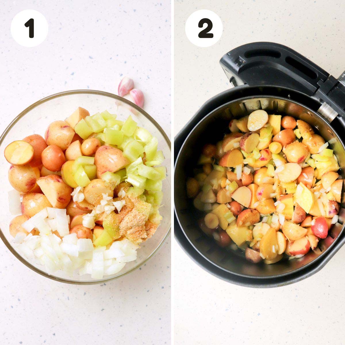 two image process making air fryer breakfast potatoes.