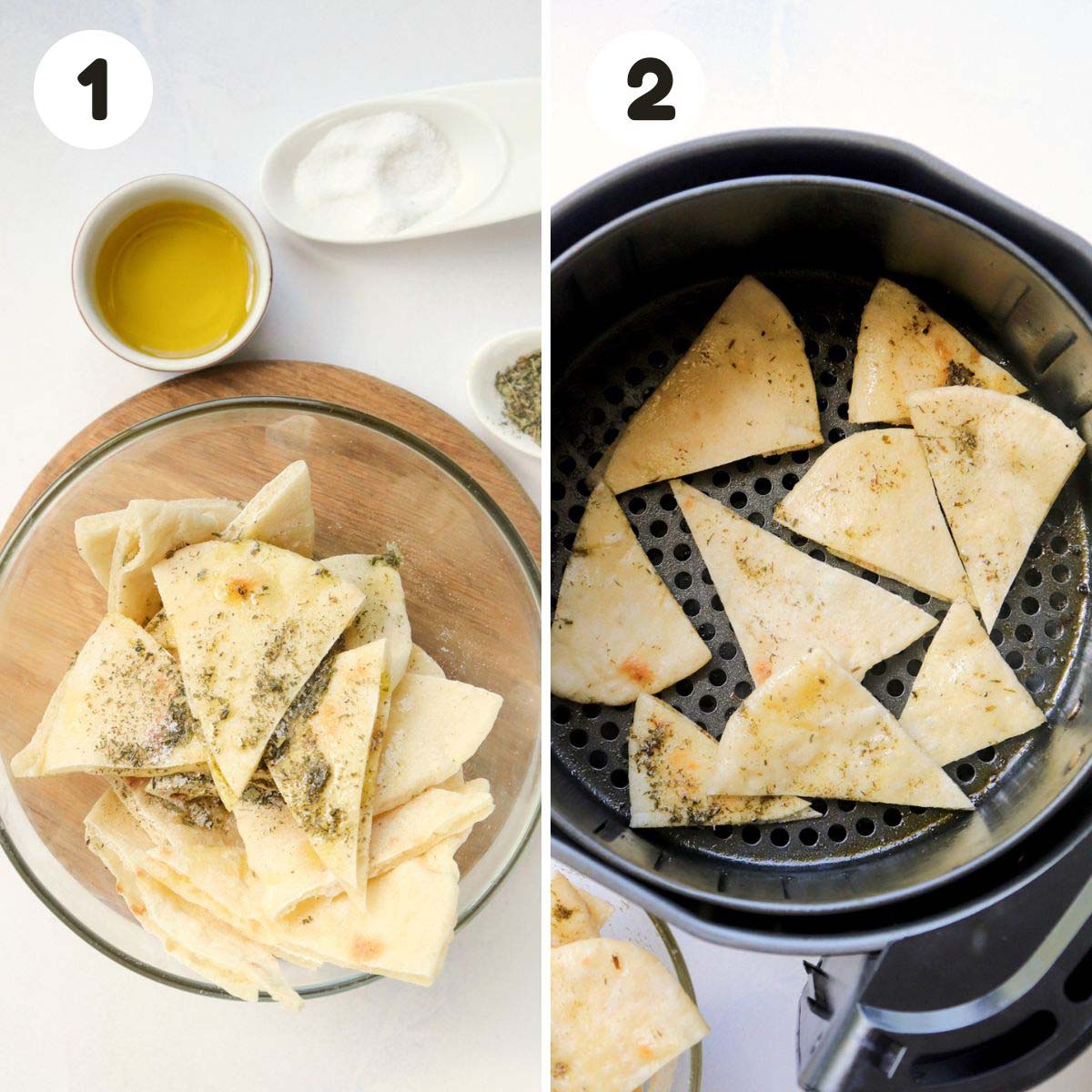 two image process making air fryer pita chips.