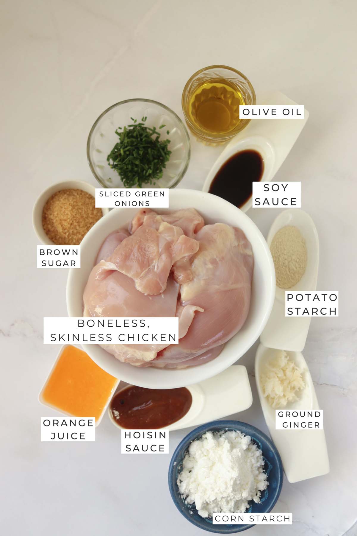 Labeled ingredients for the sesame chicken.