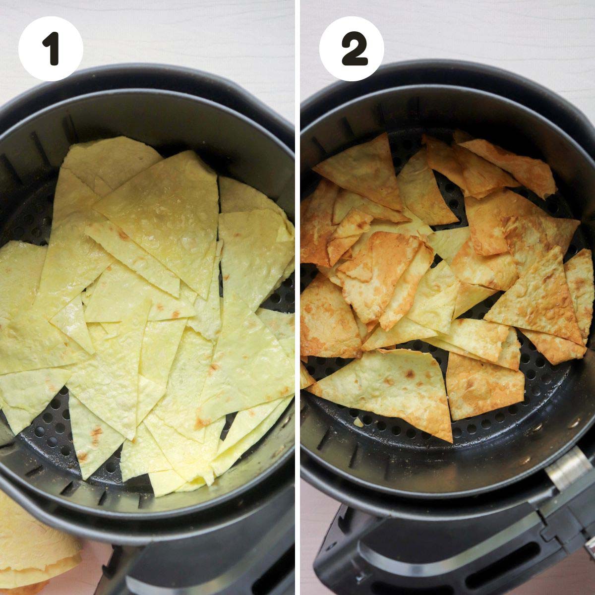 two image process making air fryer tortilla chips.