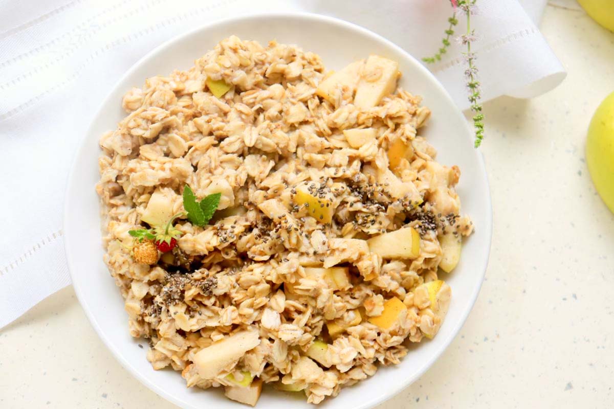 Oatmeal in a bowl with toppings.