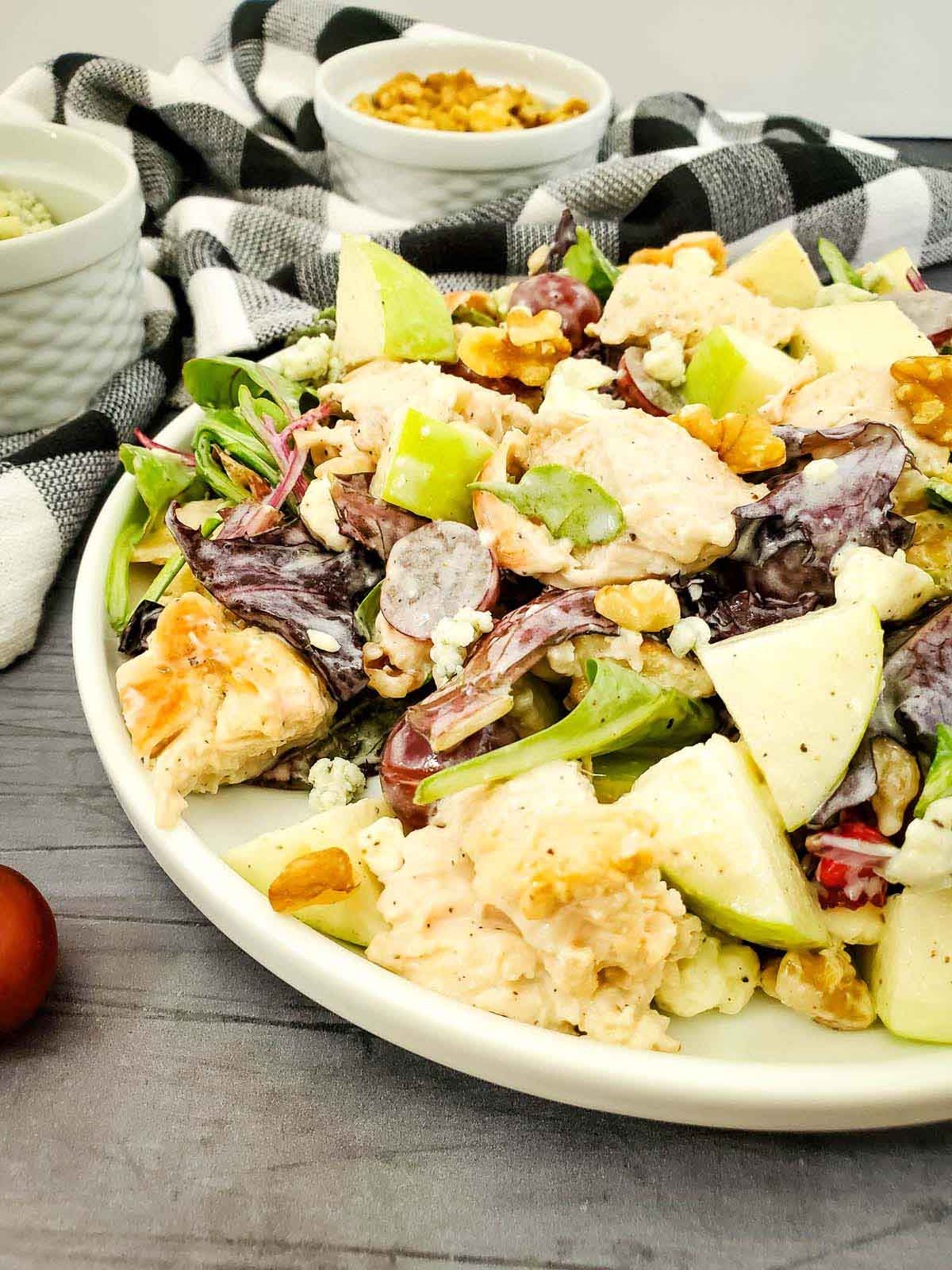 side view of chicken salad in a bowl.