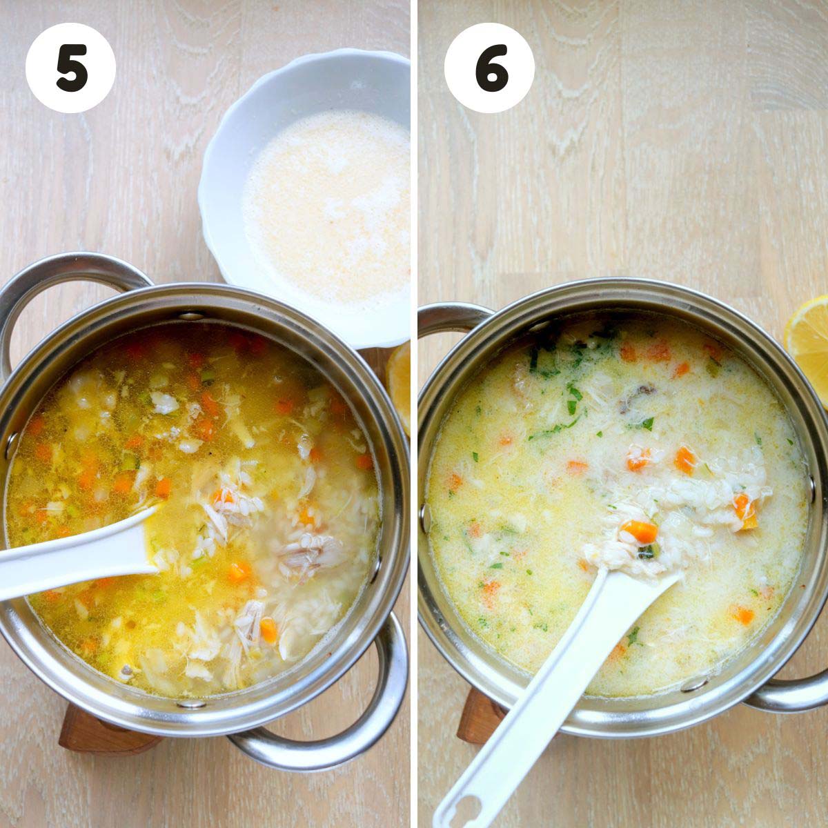 two image process making greek lemon chicken soup.