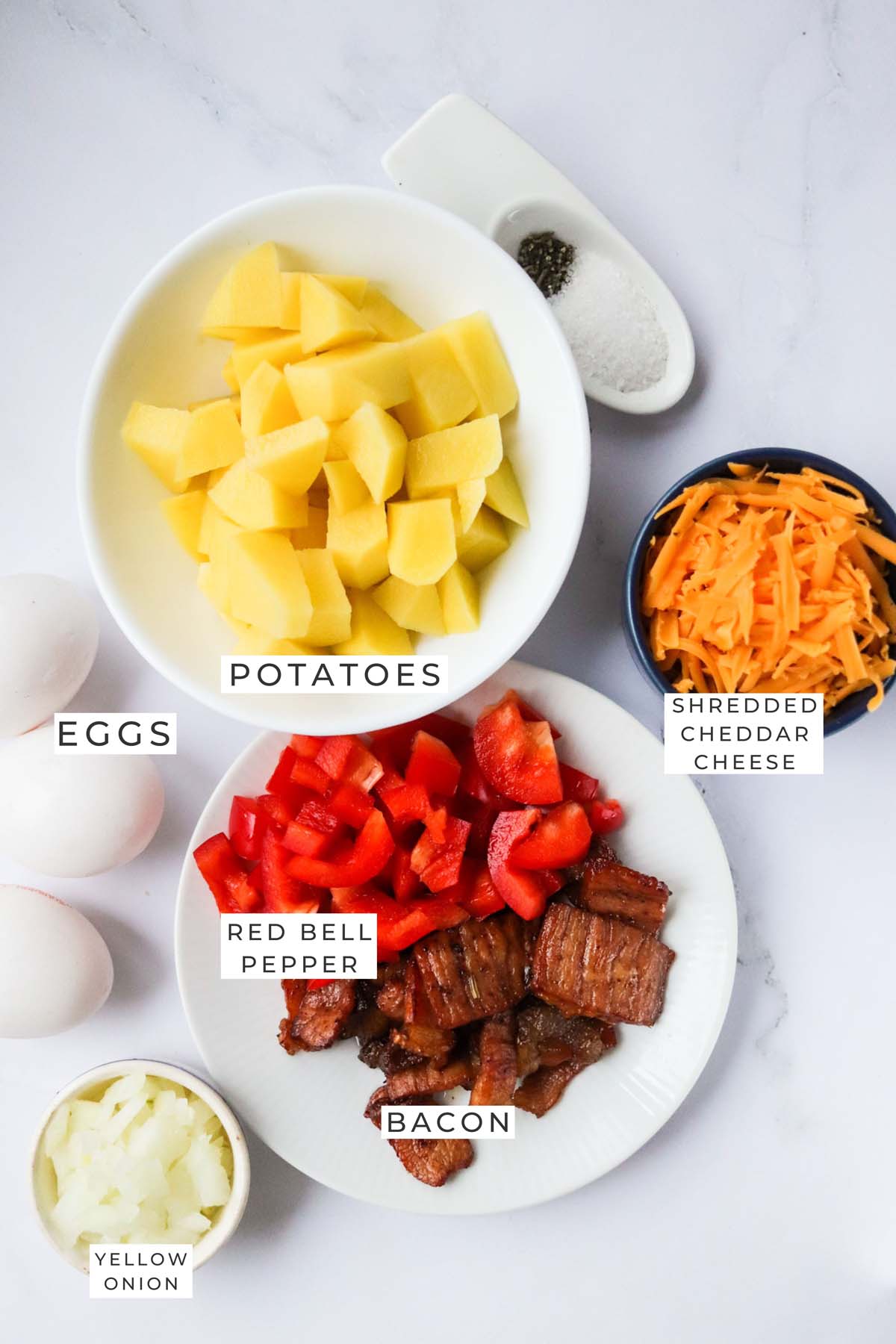 Labeled ingredients for the breakfast hash.