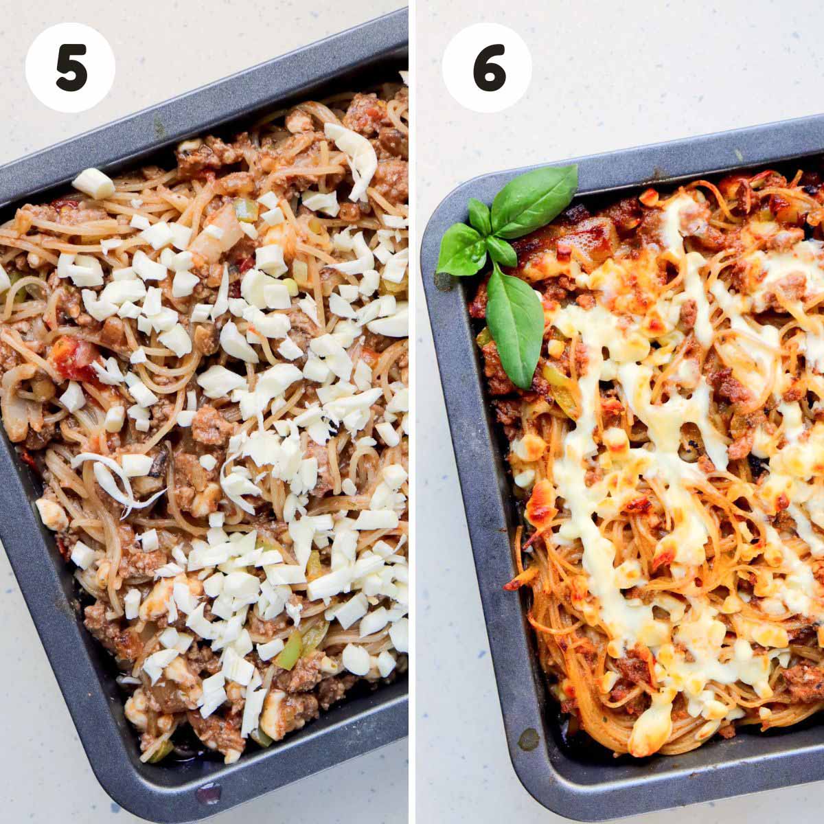 Steps to bake the spaghetti casserole.