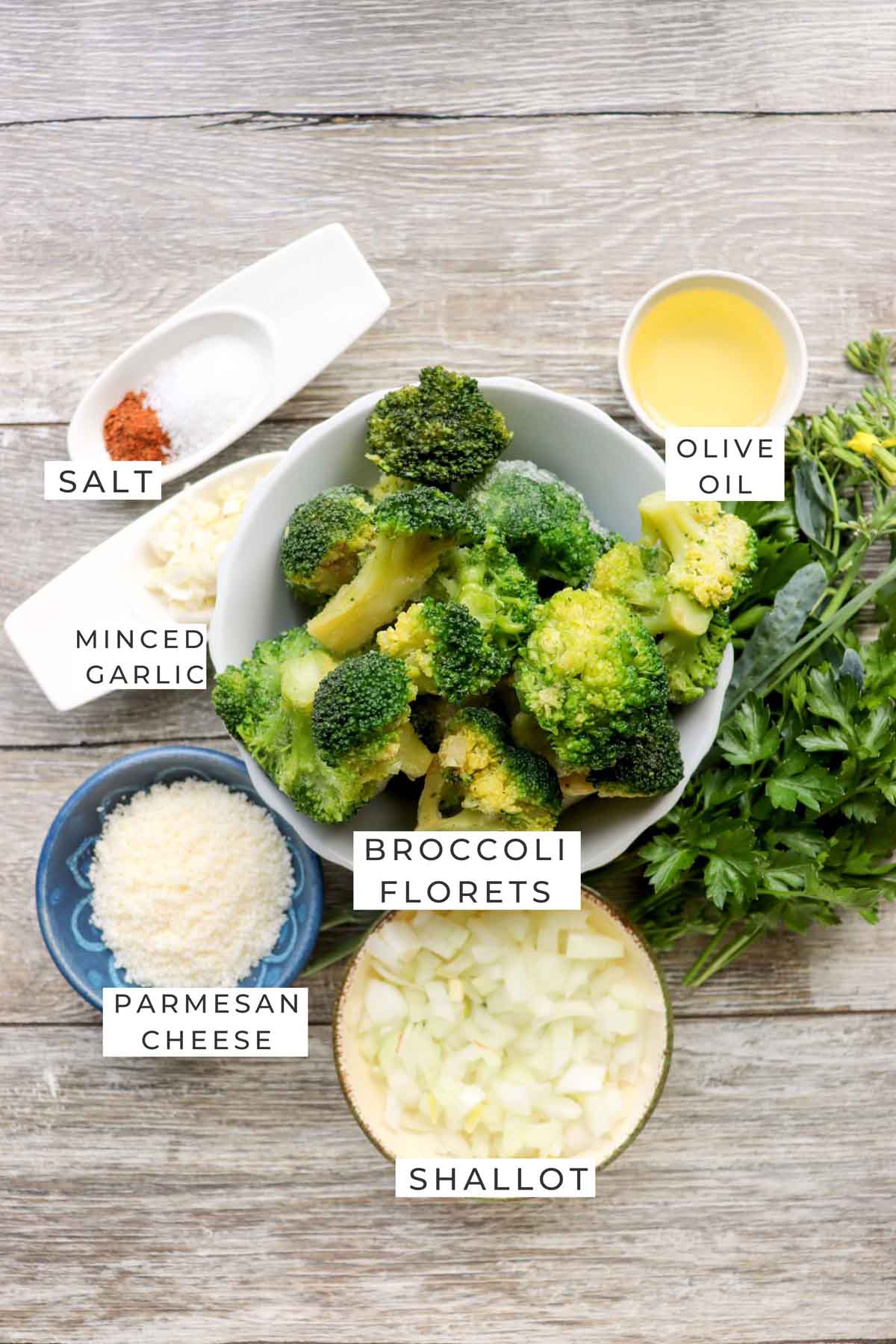 Labeled ingredients for the broccoli.