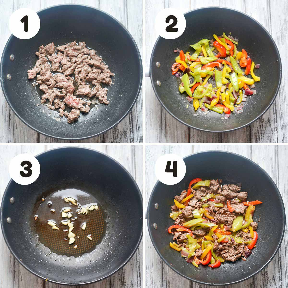 four image process making beef and onion stir fry.