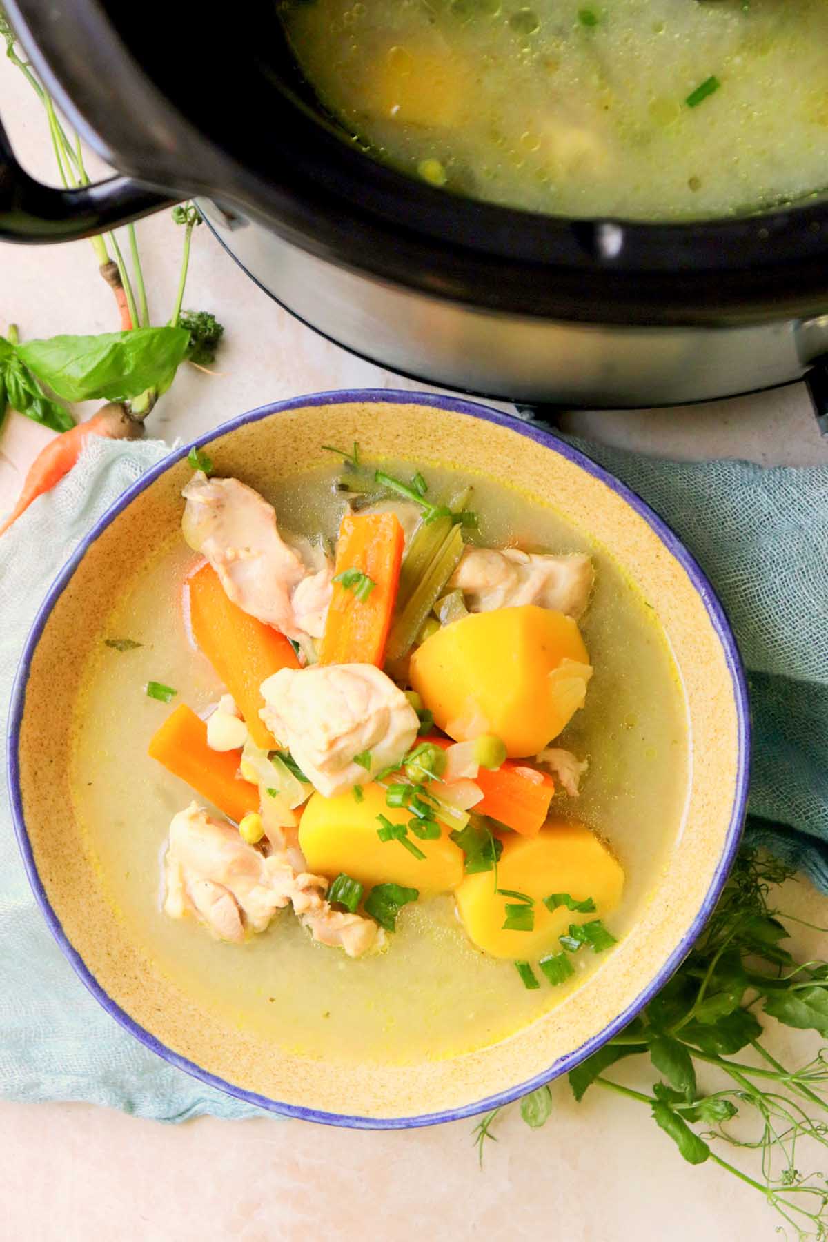 top view of chicken stew in a bowl next to the Crock Pot.