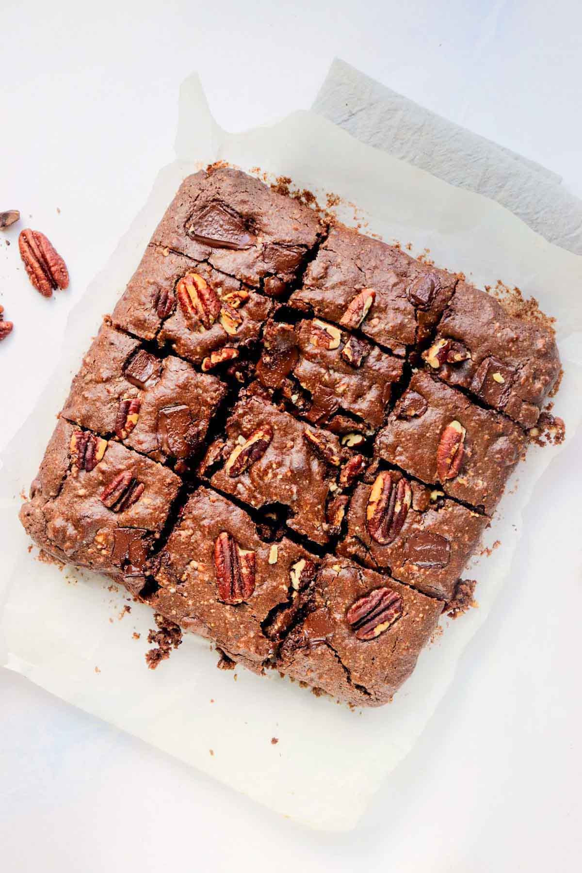 Brownies sliced into twelve pieces.