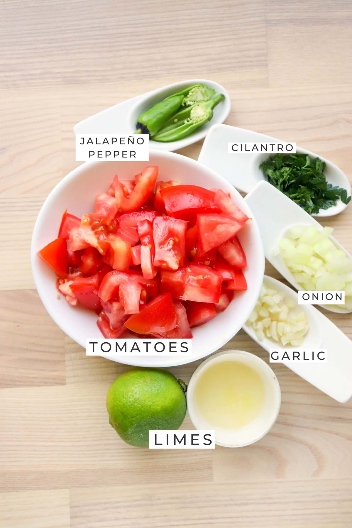Labeled ingredients for the blender salsa.
