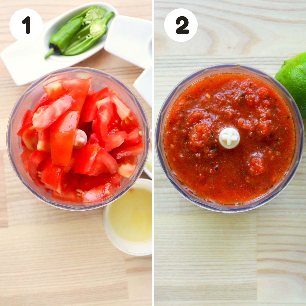 two image process making blender salsa.