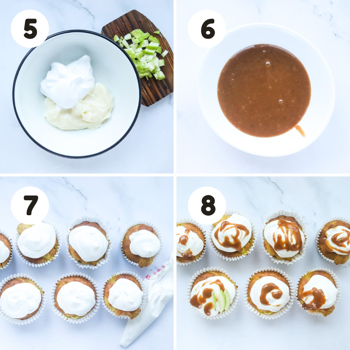 four image process making caramel apple cupcakes.