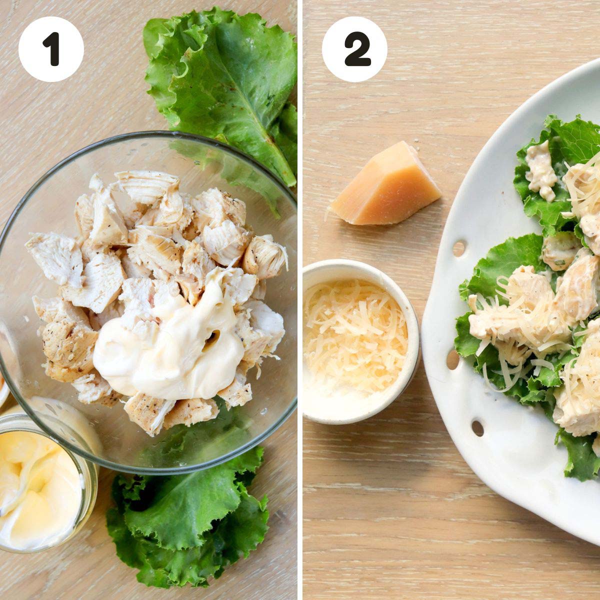 two image process making chicken caesar lettuce wraps.
