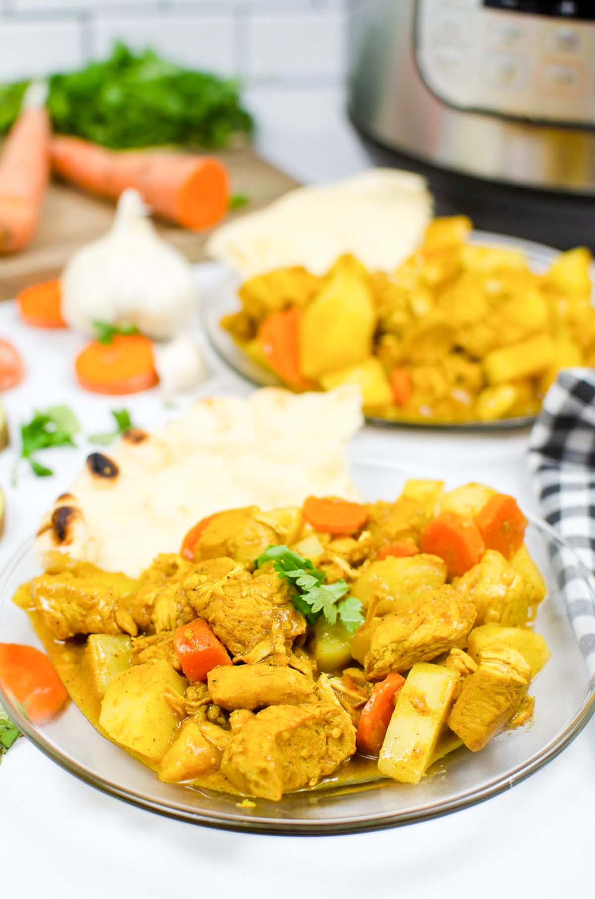 Two plates of curry chicken.