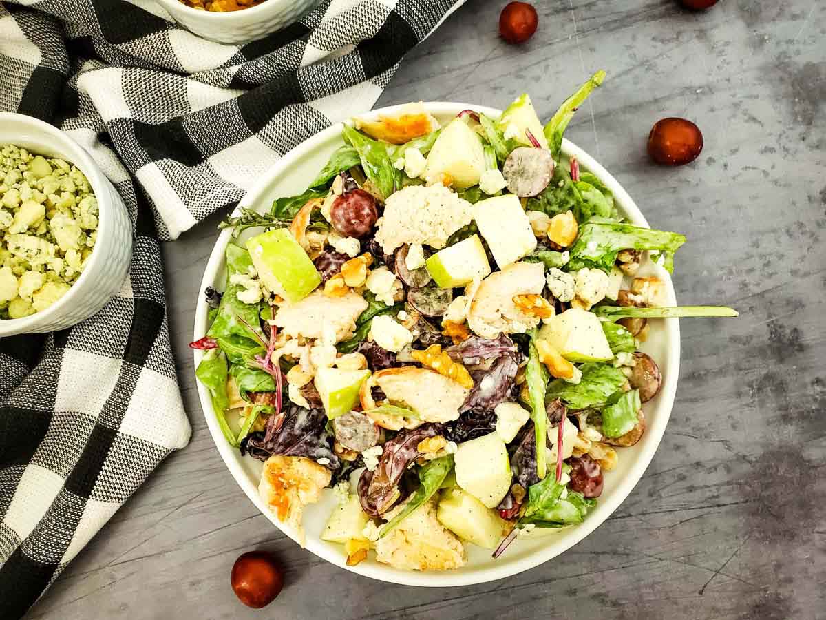 top view bowl of chicken salad.