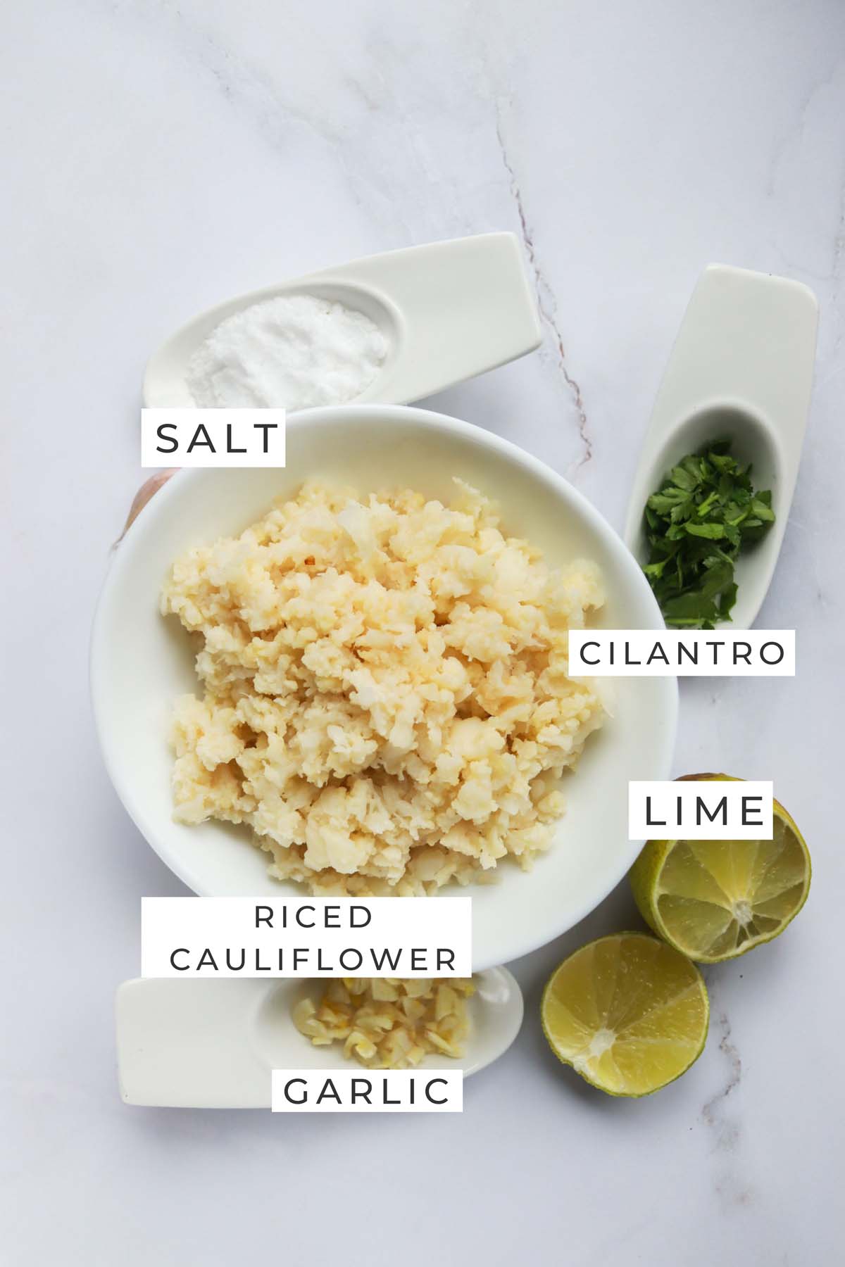 Labeled ingredients for the cauliflower rice.
