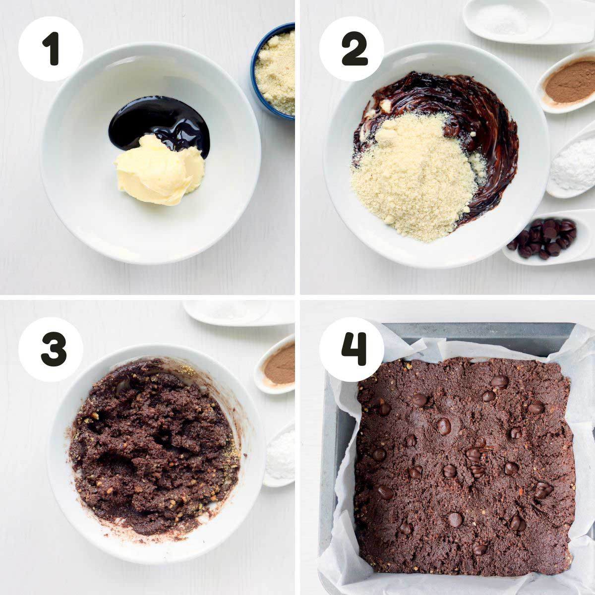 four image process making chocolate chip cookie bars.
