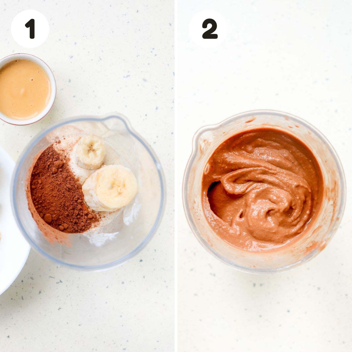 two image process making chocolate peanut butter nice cream.