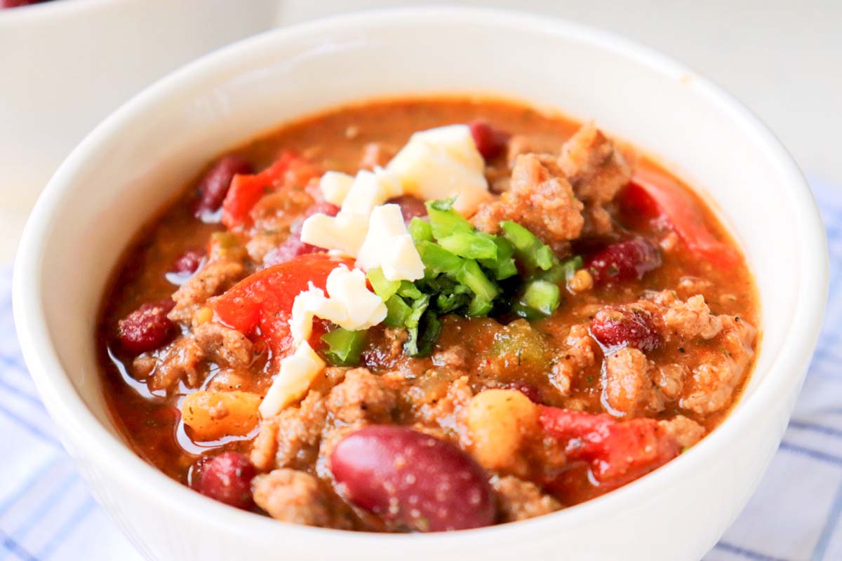 close up view of chili in a bowl.