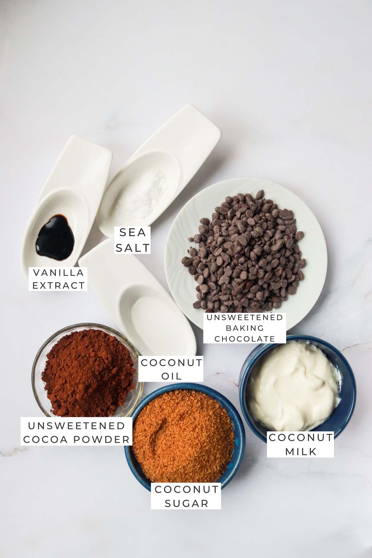 Labeled ingredients for the coconut chocolate truffles.